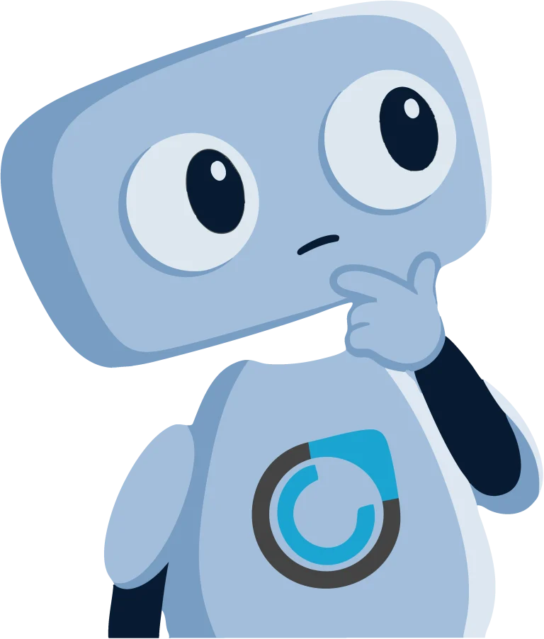 Close-up of the Commercient robot mascot with a hand on its chin, appearing thoughtful or curious.