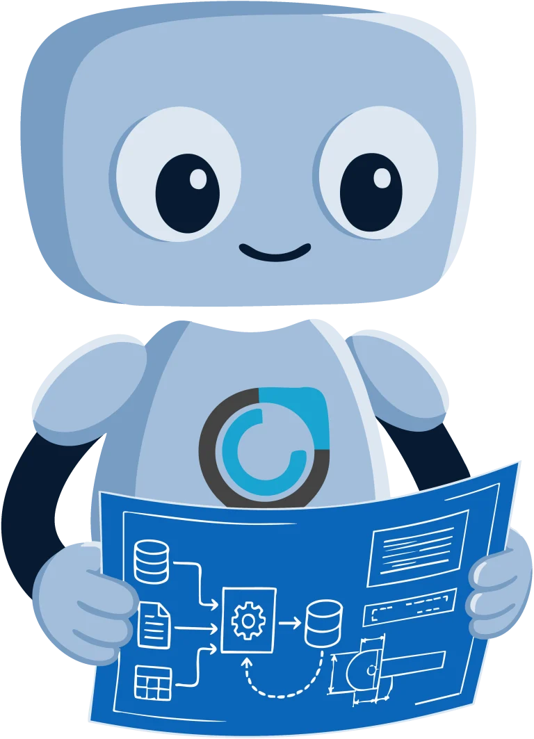 Commercient robot mascot studying a data pipeline blueprint showing sources flowing through processing into a governed database