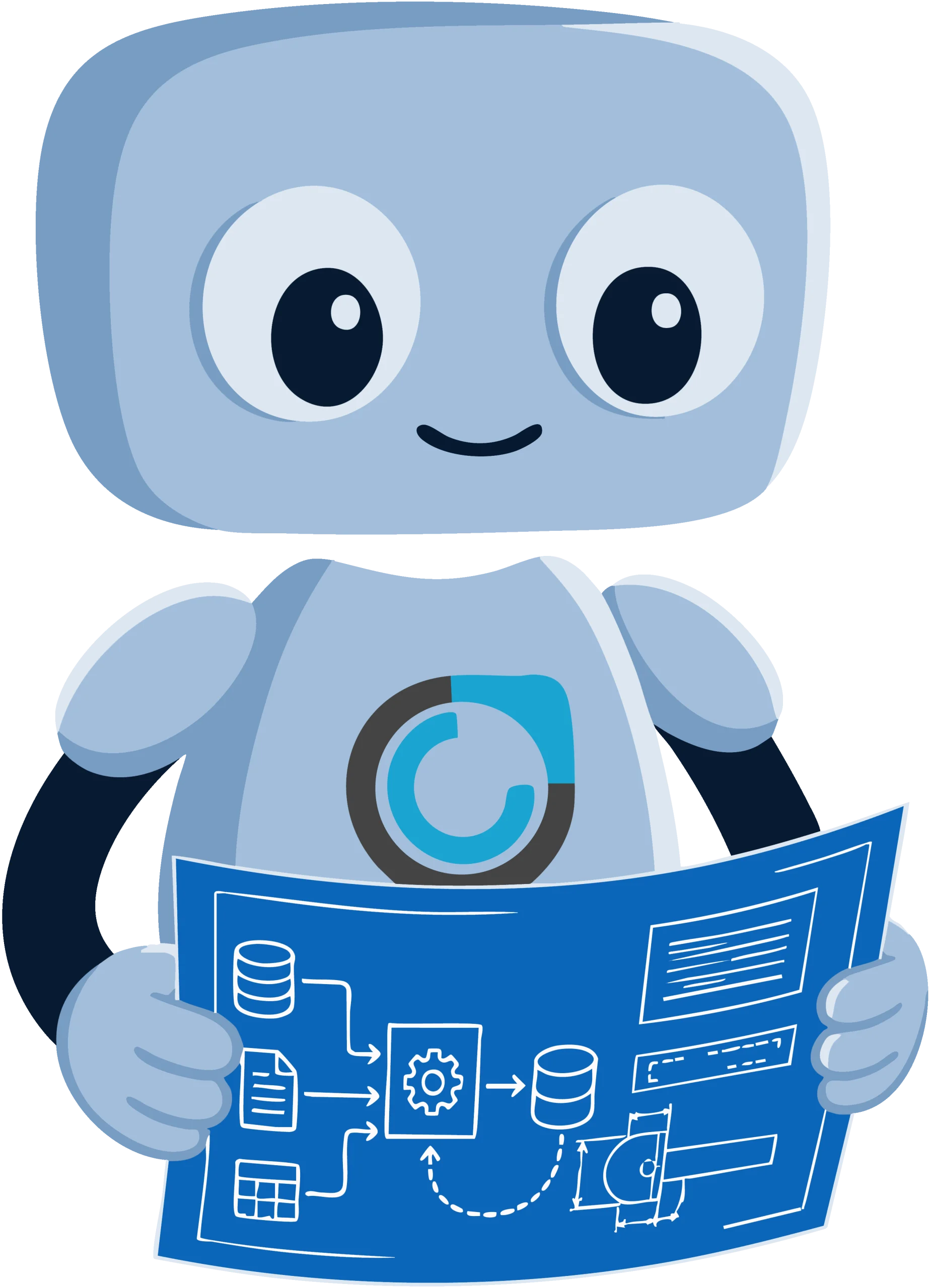 Commercient robot mascot studying a data pipeline blueprint showing sources flowing through processing into a governed database
