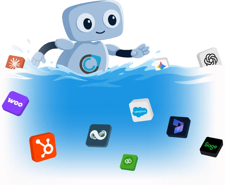Commercient robot mascot at the surface of a data lake with WooCommerce, HubSpot, Salesforce, QuickBooks, Sage, and other platform icons submerged below, illustrating our Data Lake consolidating data sources