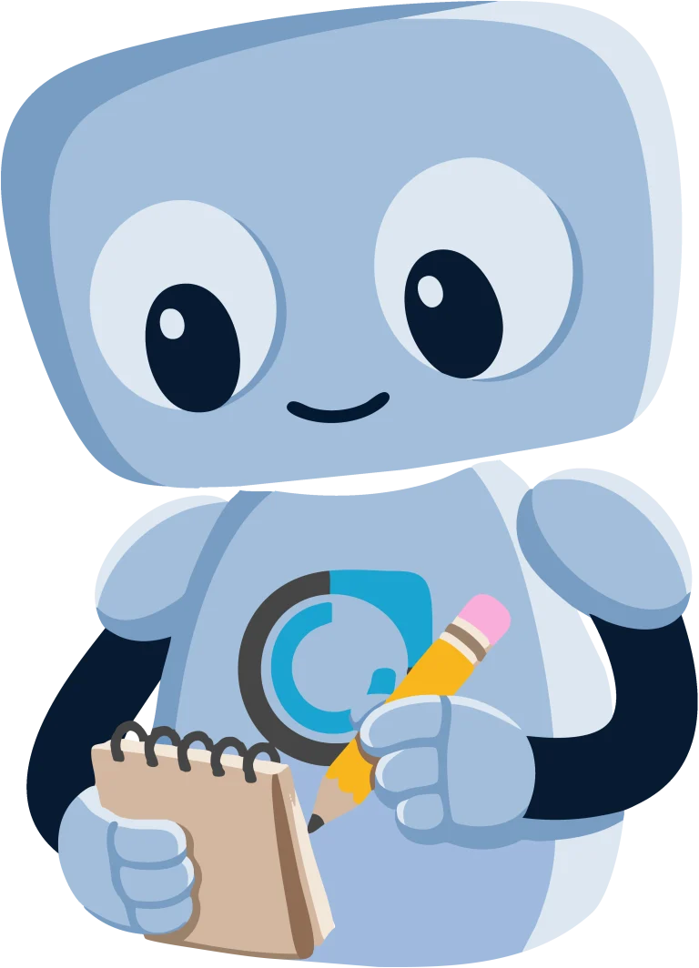 Commercient robot mascot writing on a notepad with a pencil, representing note-taking and capturing information