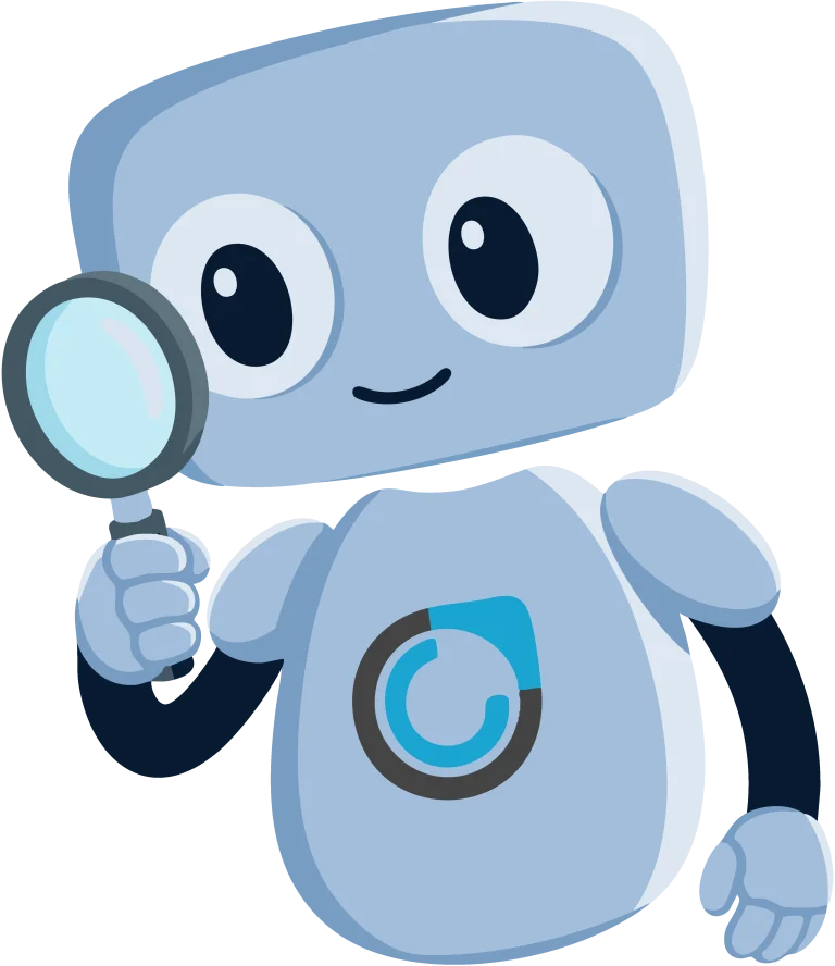 Commercient robot mascot holding a magnifying glass, representing searching and monitoring integrated data