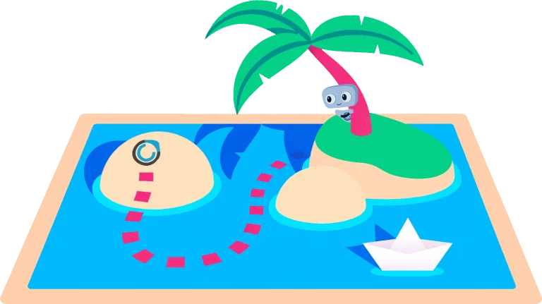 Commercient mascot by a palm tree island with a dotted route across the water, illustrating field mapping between systems