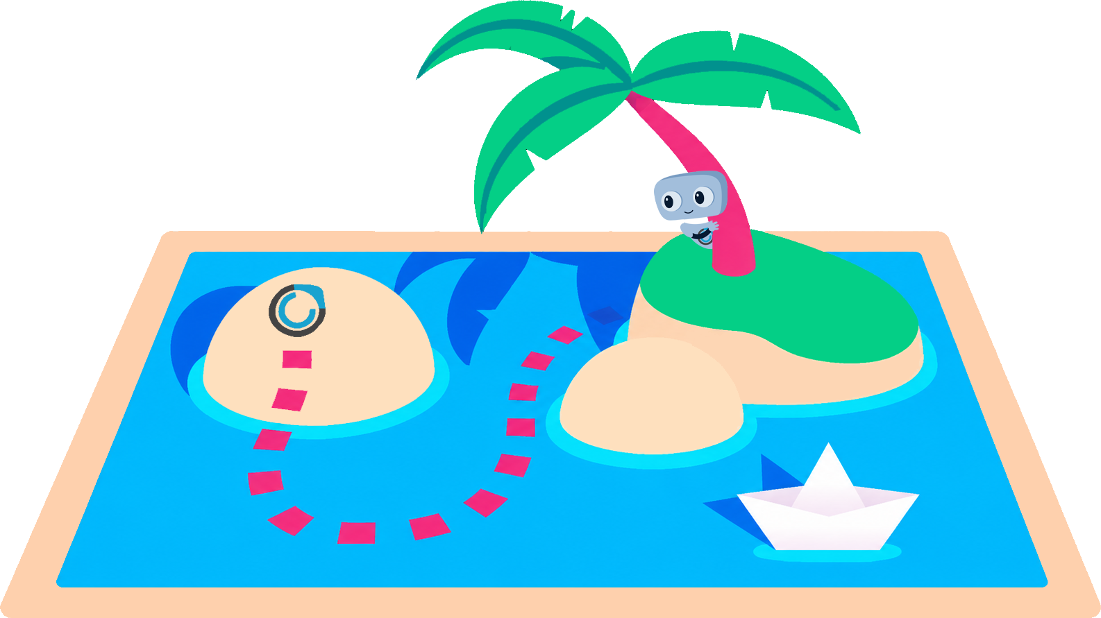 Commercient mascot by a palm tree island with a dotted route across the water, illustrating field mapping between systems